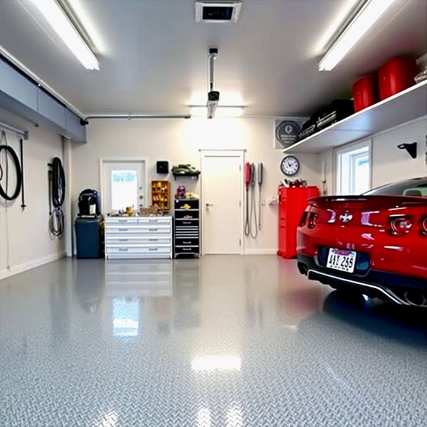 Garage floor in light grey epoxy with a fine decorative flake texture