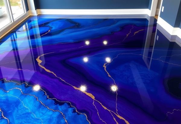 A glossy metallic epoxy floor in deep blue and violet swirls with gold veining.