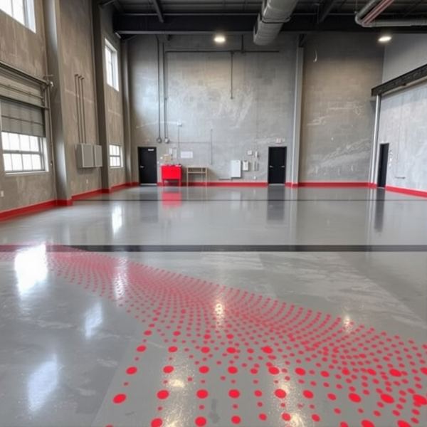 A large industrial space with a polished grey coated floor and a red dot pattern.
