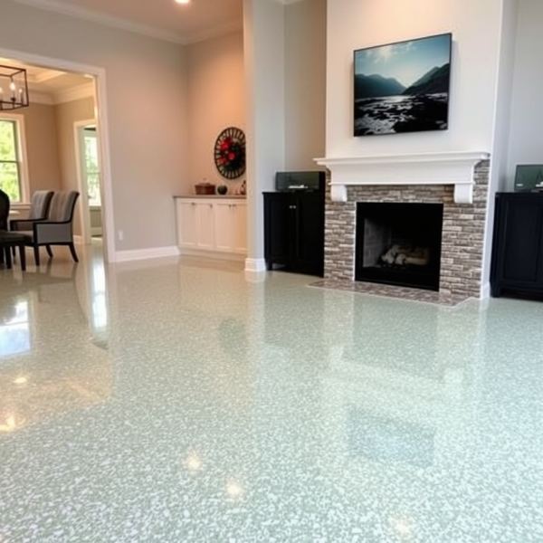 A bright living area with a glossy light green-grey speckled coated floor in front of a fireplace.
